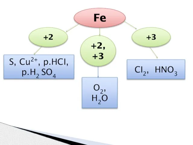 Fe +3 +2 +2, +3 O2, H2O CI2, HNO3 S, Cu2+, p.HCI, p.H2 SO4