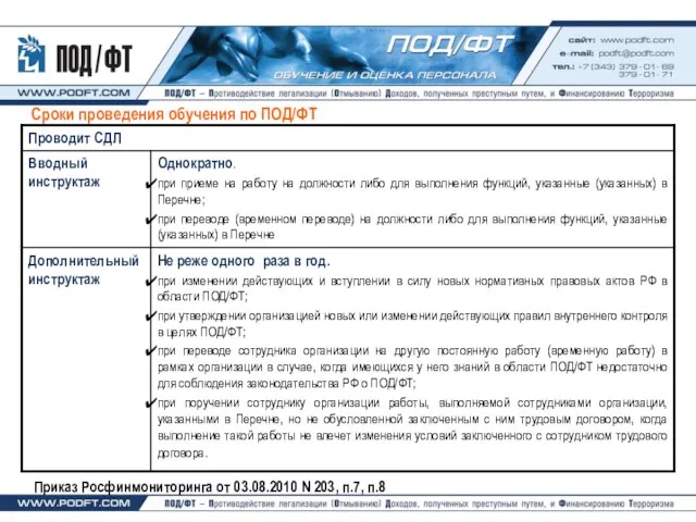 Сроки проведения обучения по ПОД/ФТ Приказ Росфинмониторинга от 03.08.2010 N 203, п.7, п.8