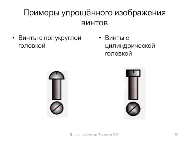 Примеры упрощённого изображения винтов Винты с полукруглой головкой Винты с цилиндрической
