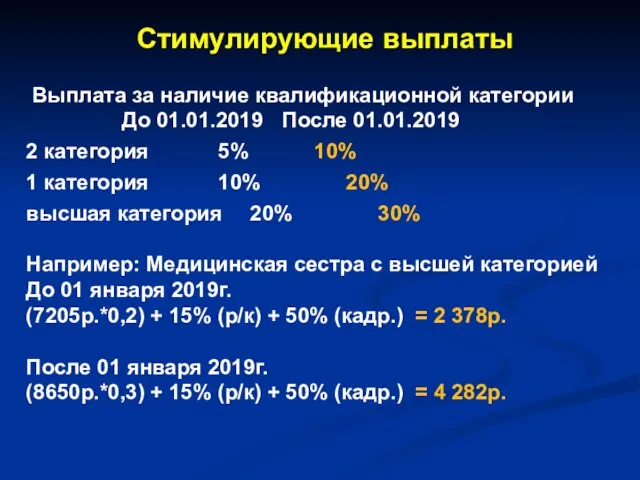 Стимулирующие выплаты Выплата за наличие квалификационной категории До 01.01.2019 После 01.01.2019