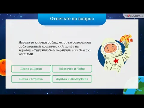 Ответьте на вопрос Назовите клички собак, которые совершили орбитальный космический полёт