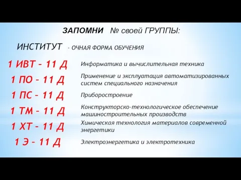 ЗАПОМНИ № своей ГРУППЫ: ИНСТИТУТ - ОЧНАЯ ФОРМА ОБУЧЕНИЯ