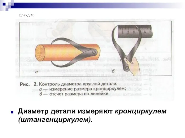 Диаметр детали измеряют кронциркулем (штангенциркулем). Слайд 10