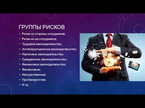 ГРУППЫ РИСКОВ Риски со стороны сотрудников; Риски из-за сотрудников; Трудовое законодательство;