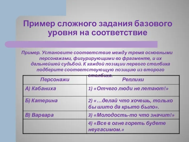 Пример сложного задания базового уровня на соответствие Пример. Установите соответствие между