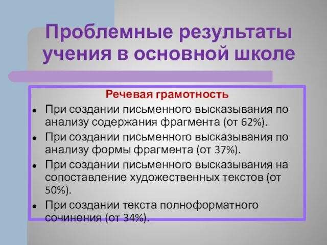 Проблемные результаты учения в основной школе Речевая грамотность При создании письменного