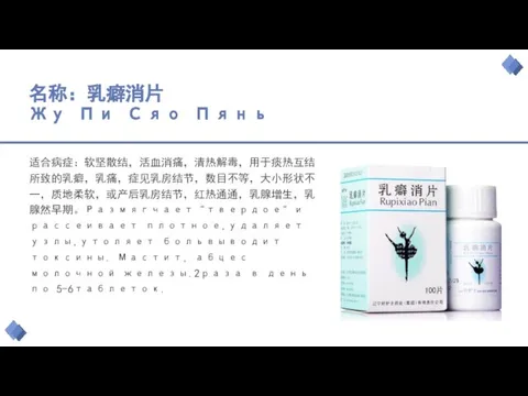 名称：乳癖消片 Жу Пи Сяо Пянь 适合病症：软坚散结，活血消痛，清热解毒，用于痰热互结所致的乳癖，乳痛，症见乳房结节，数目不等，大小形状不一，质地柔软，或产后乳房结节，红热通通，乳腺增生，乳腺然早期。Размягчает "твердое" и рассеивает плотное,удаляет узлы,утоляет