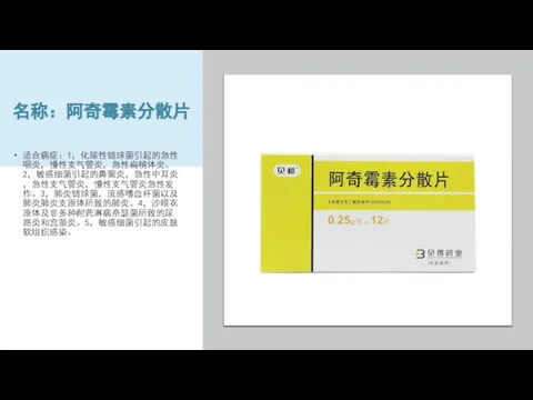 名称：阿奇霉素分散片 适合病症：1，化脓性链球菌引起的急性咽炎，慢性支气管炎，急性扁桃体炎。2，敏感细菌引起的鼻窦炎，急性中耳炎，急性支气管炎，慢性支气管炎急性发作。3，肺炎链球菌，流感嗜血杆菌以及肺炎肺炎支原体所致的肺炎。4，沙眼衣原体及非多种耐药淋病奈瑟菌所致的尿路炎和宫颈炎。5，敏感细菌引起的皮肤软组织感染。