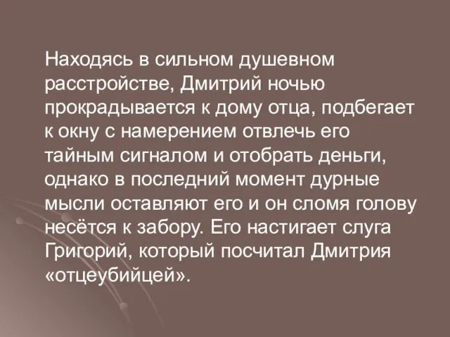 Находясь в сильном душевном расстройстве, Дмитрий ночью прокрадывается к дому отца,