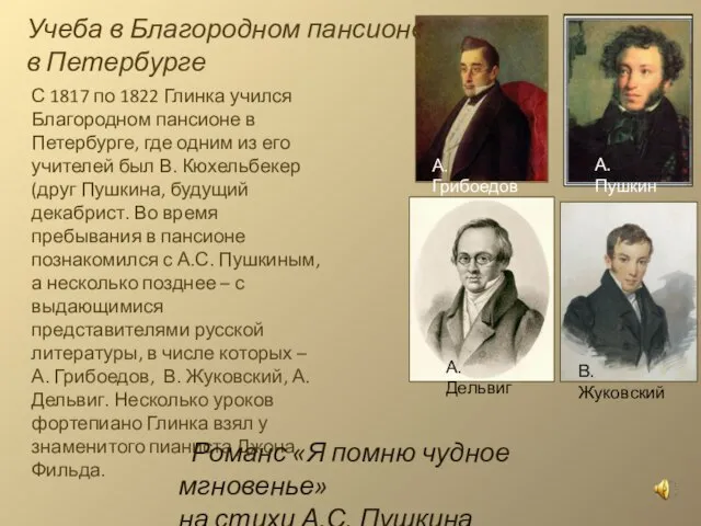 Учеба в Благородном пансионе в Петербурге С 1817 по 1822 Глинка