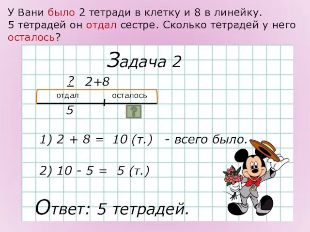 Задача 2 2+8 ? 1) 2 + 8 = Ответ: 5