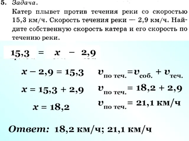 vпр. теч. = vсоб. – vтеч. 15,3 2,9 x x –