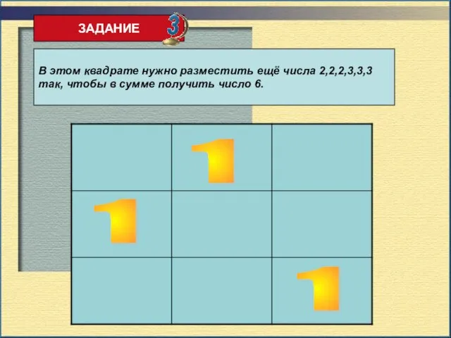 ЗАДАНИЕ В этом квадрате нужно разместить ещё числа 2,2,2,3,3,3 так, чтобы