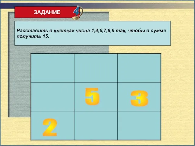 ЗАДАНИЕ Расставить в клетках числа 1,4,6,7,8,9 так, чтобы в сумме получить 15. 5 3 2