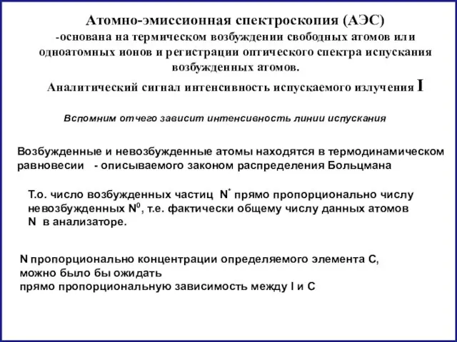 Атомно-эмиссионная спектроскопия (АЭС) -основана на термическом возбуждении свободных атомов или одноатомных