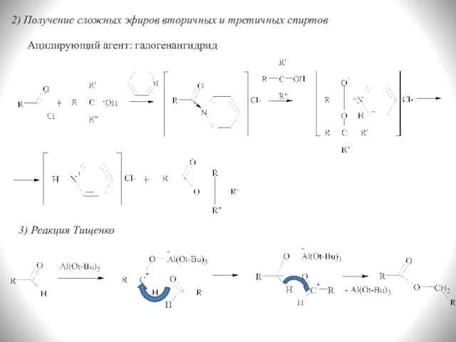 2) Получение сложных эфиров вторичных и третичных спиртов Ацилирующий агент: галогенангидрид 3) Реакция Тищенко