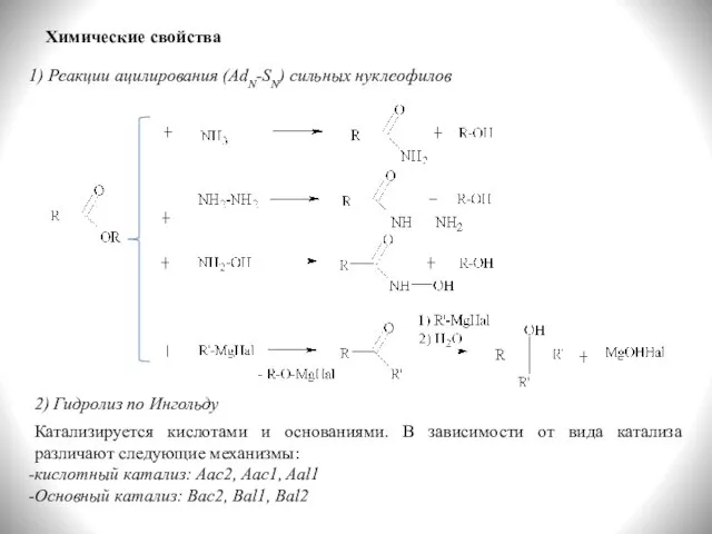 Химические свойства 1) Реакции ацилирования (AdN-SN) сильных нуклеофилов 2) Гидролиз по