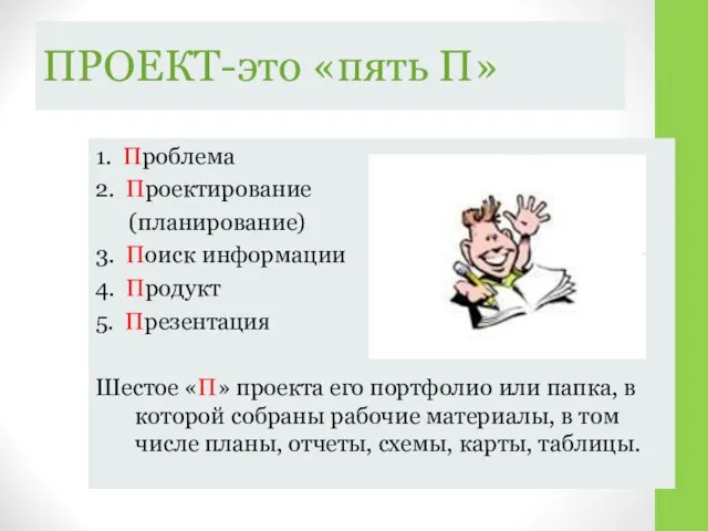 ПРОЕКТ-это «пять П» 1. Проблема 2. Проектирование (планирование) 3. Поиск информации