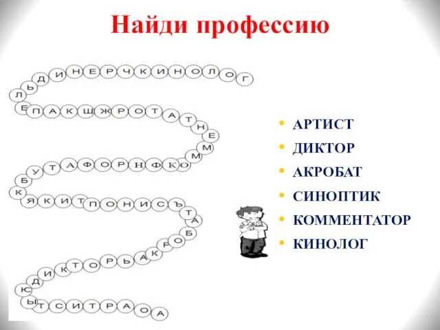 АРТИСТ ДИКТОР АКРОБАТ СИНОПТИК КОММЕНТАТОР КИНОЛОГ Найди профессию