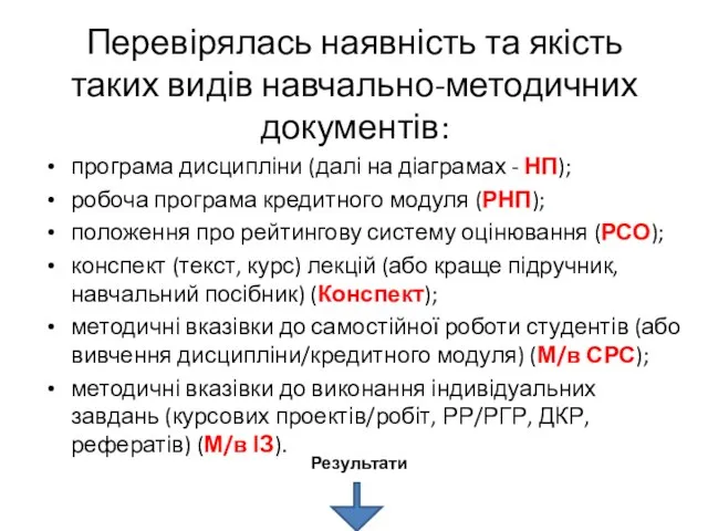 Перевірялась наявність та якість таких видів навчально-методичних документів: програма дисципліни (далі