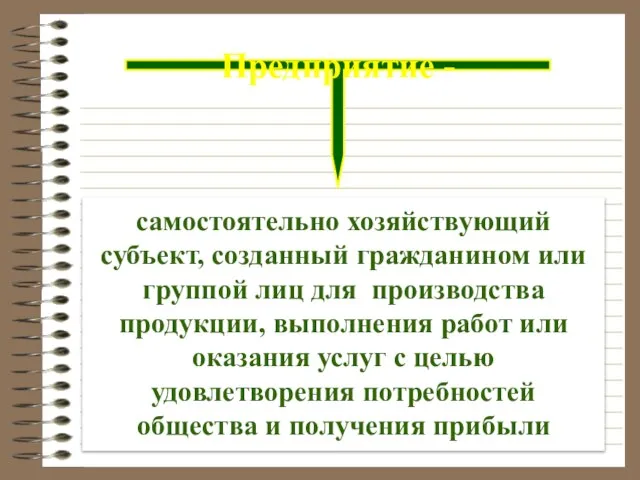 Дадим определение ПРЕДПРИЯТИЯ Предприятие - самостоятельно хозяйствующий субъект, созданный гражданином или