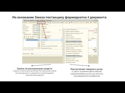 На основании Заказа поставщику формируются 2 документа: Заявка на расходование средств