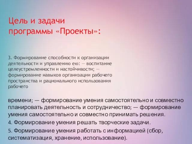 Цель и задачи программы «Проекты»: 3. Формирование способности к организации деятельности