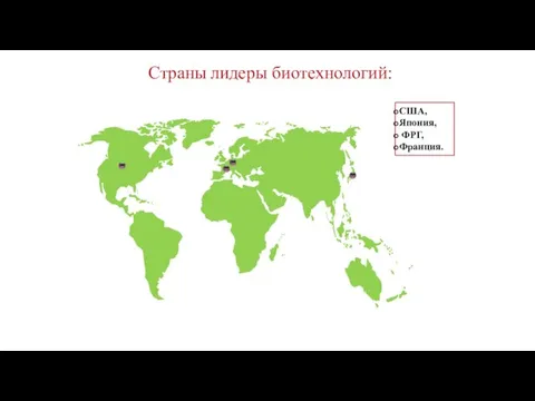 Страны лидеры биотехнологий: США, Япония, ФРГ, Франция.