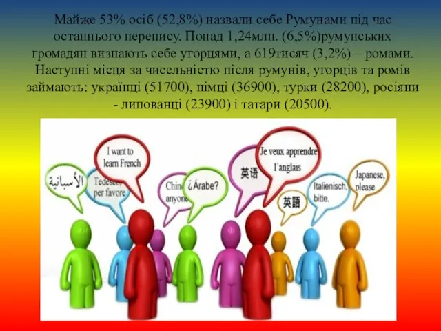 Майже 53% осіб (52,8%) назвали себе Румунами під час останнього перепису.