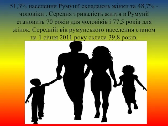 51,3% населення Румунії складають жінки та 48,7% - чоловіки . Середня