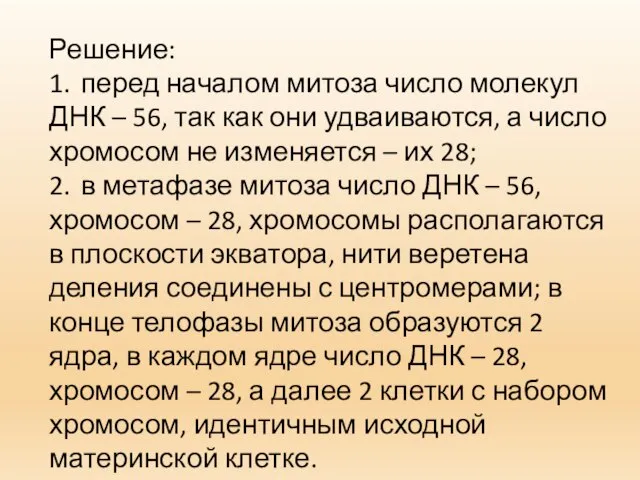 Решение: 1. перед началом митоза число молекул ДНК – 56, так