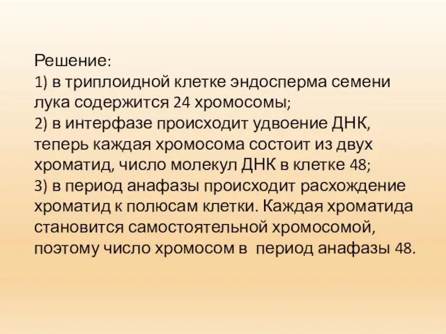 Решение: 1) в триплоидной клетке эндосперма семени лука содержится 24 хромосомы;