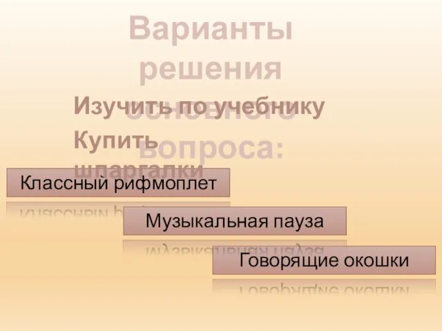 Варианты решения основного вопроса: Изучить по учебнику Классный рифмоплет Говорящие окошки Музыкальная пауза Купить шпаргалки