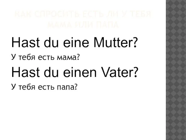 КАК СПРОСИТЬ ЕСТЬ ЛИ У ТЕБЯ МАМА ИЛИ ПАПА Hast du