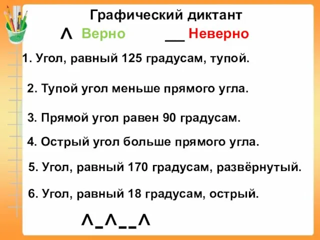 Графический диктант Верно __ Неверно ^ 1. Угол, равный 125 градусам,