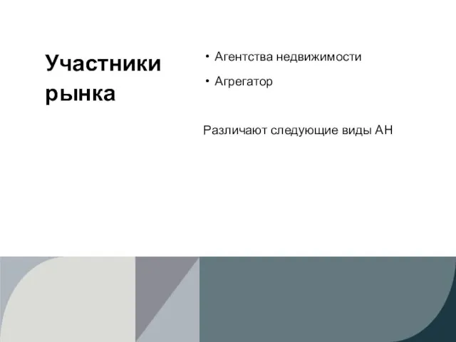 Участники рынка Агентства недвижимости Агрегатор Различают следующие виды АН