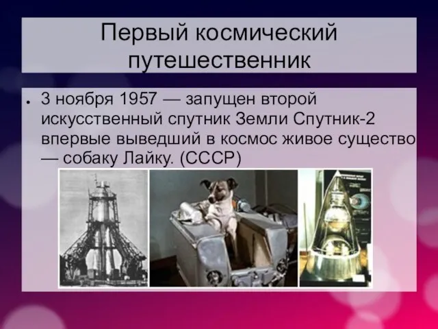 Первый космический путешественник 3 ноября 1957 — запущен второй искусственный спутник