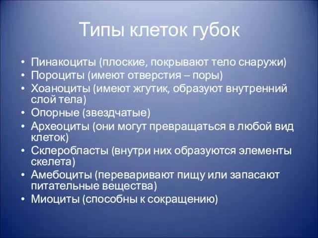 Типы клеток губок Пинакоциты (плоские, покрывают тело снаружи) Пороциты (имеют отверстия