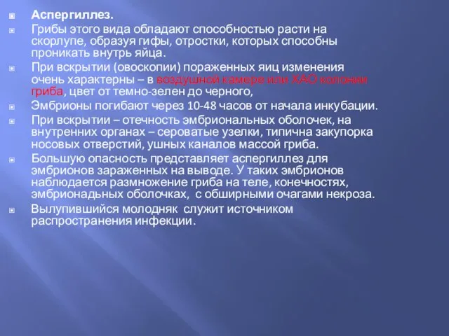 Аспергиллез. Грибы этого вида обладают способностью расти на скорлупе, образуя гифы,