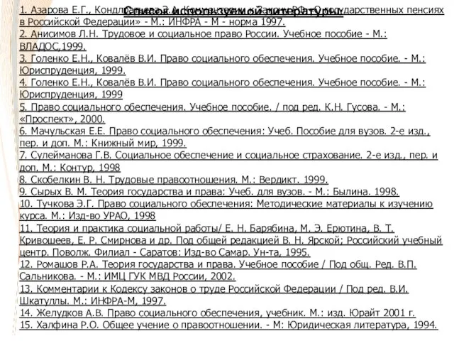 Список используемой литературы: 1. Азарова Е.Г., Кондлратьева З.А. Комментарии к Закону