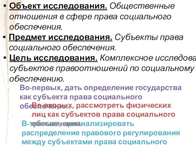 Объект исследования. Общественные отношения в сфере права социального обеспечения. Предмет исследования.