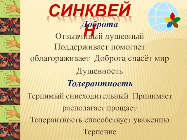 СИНКВЕЙН Доброта Отзывчивый душевный Поддерживает помогает облагораживает Доброта спасёт мир Душевность