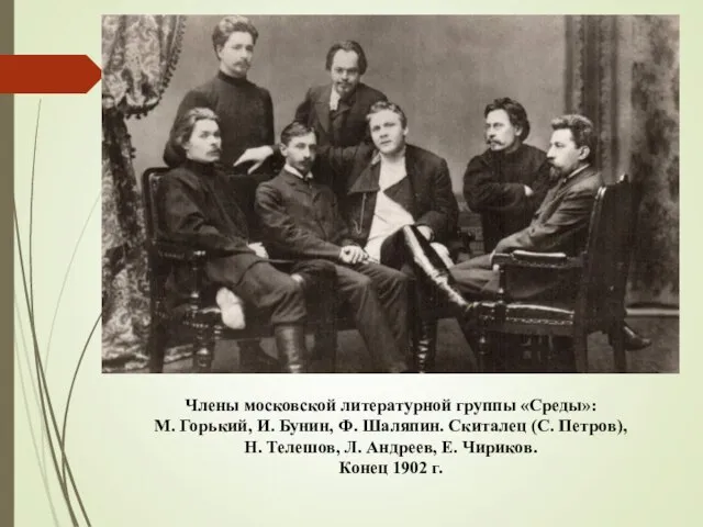 Члены московской литературной группы «Среды»: М. Горький, И. Бунин, Ф. Шаляпин.