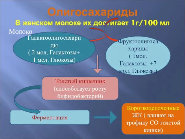 Олигосахариды В женском молоке их достигает 1г/100 мл Молоко Галактоолигосахариды (