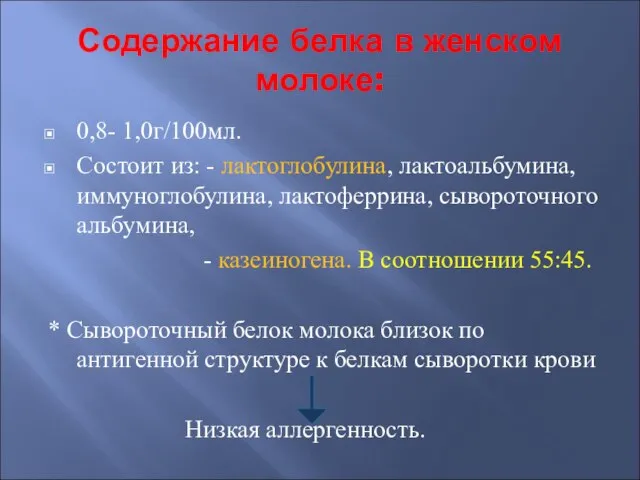 Содержание белка в женском молоке: 0,8- 1,0г/100мл. Состоит из: - лактоглобулина,