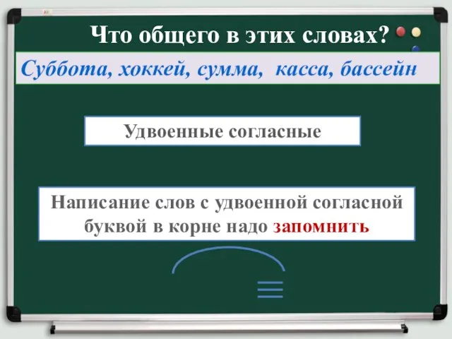 Что общего в этих словах? Суббота, хоккей, сумма, касса, бассейн Удвоенные