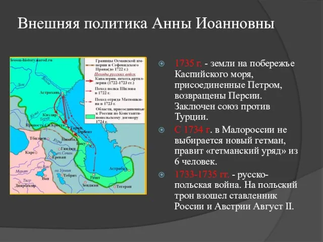 Внешняя политика Анны Иоанновны 1735 г. - земли на побережье Каспийского