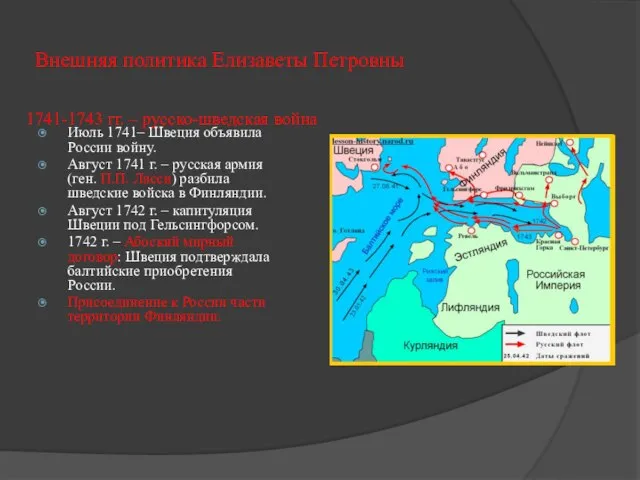 Внешняя политика Елизаветы Петровны Июль 1741– Швеция объявила России войну. Август