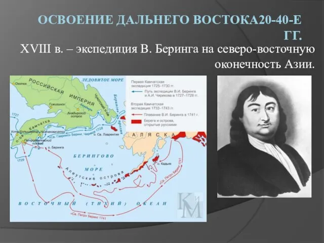 ОСВОЕНИЕ ДАЛЬНЕГО ВОСТОКА20-40-Е ГГ. XVIII в. – экспедиция В. Беринга на северо-восточную оконечность Азии.