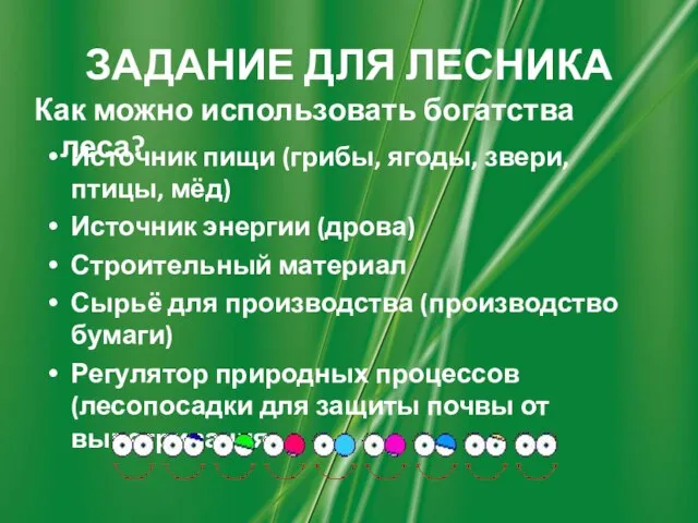 ЗАДАНИЕ ДЛЯ ЛЕСНИКА Как можно использовать богатства леса? Источник пищи (грибы,